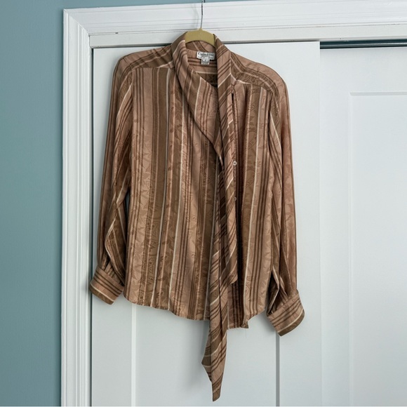 Christian Dior separates Brown Striped Blouse Silk with Bow Tie- size 10 - Picture 4 of 6